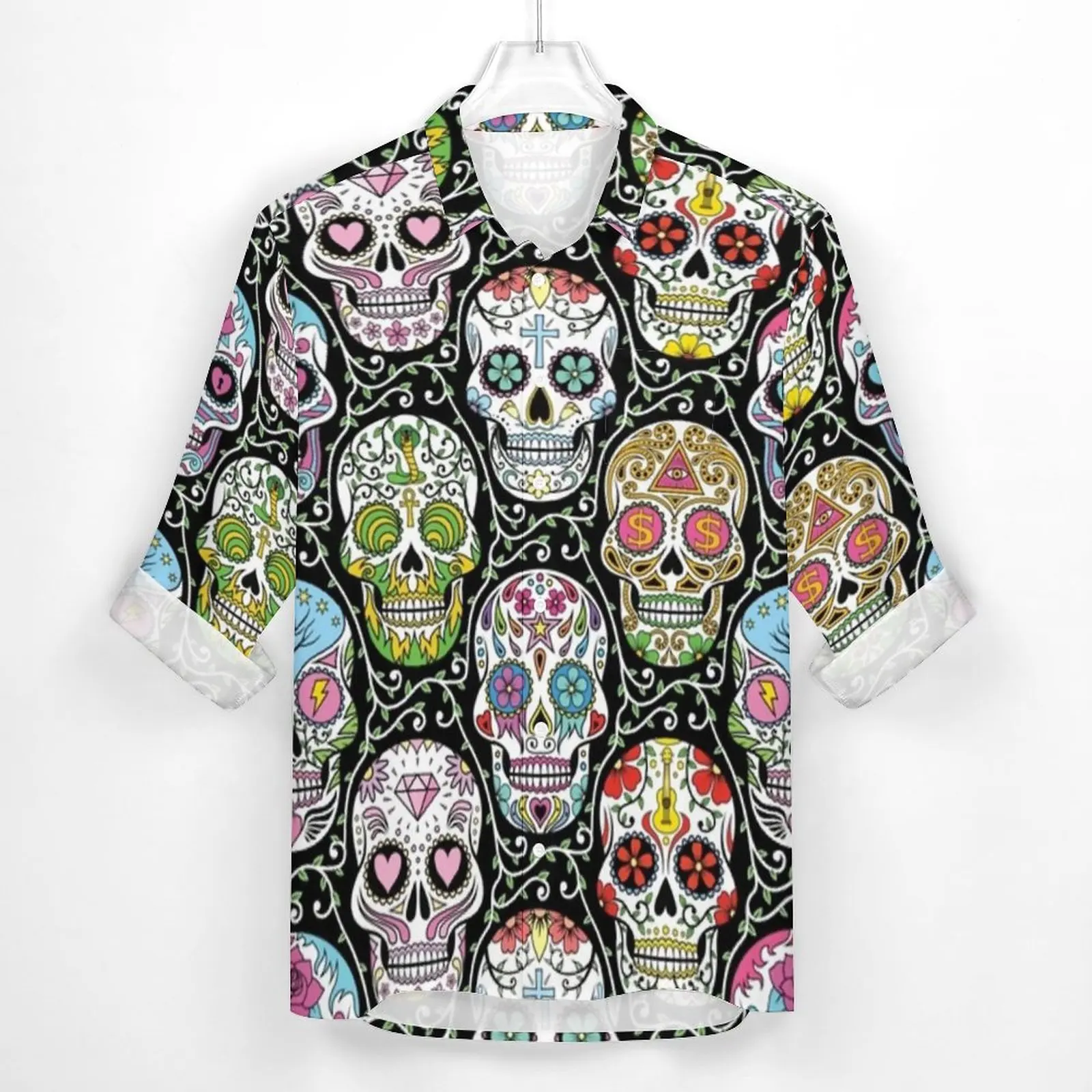 Colorful Skeleton Shirt Mexican Sugar Skull Casual Shirts Long Sleeve Custom Funny Blouses Spring Fashion Oversize Clothing