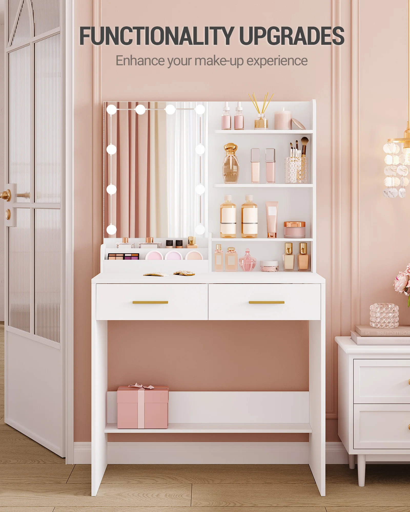 طاولة تزيين هزوانري مع إضاءة LED، سطوع قابل للتعديل، مع مرآة، خزانة ملابس مع درجين، 4 أرفف، مقصورتين