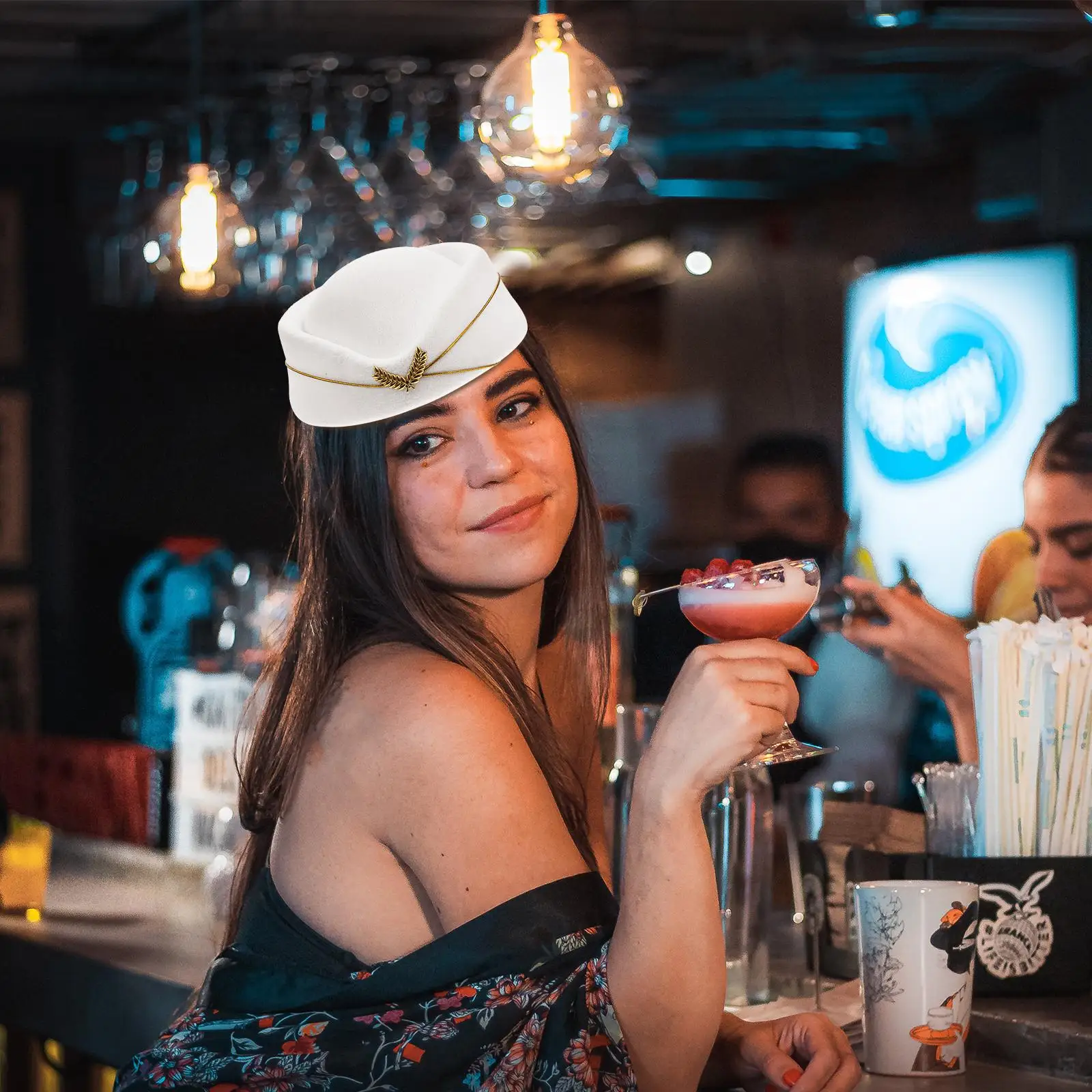 Stewardess หมวกสีขาวชุดเครื่องบิน Beret ขนาด M 56 58 ซม.Flight Attendant เครื่องแต่งกายตกแต่ง Pillbox หมวก PROP สําหรับ COSPLAY STAGE