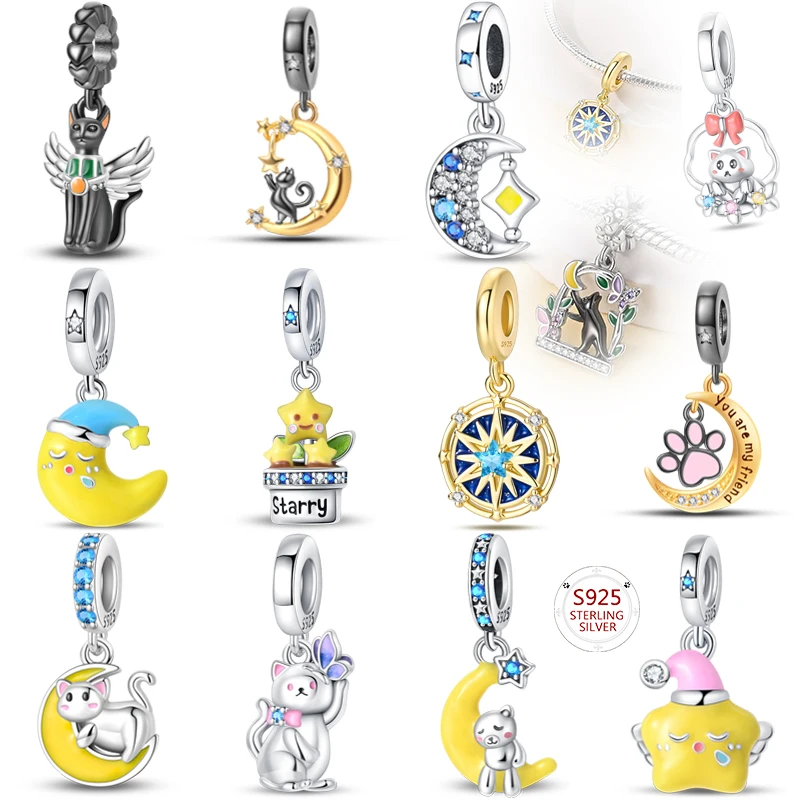 

Горячий оригинальный кулон из стерлингового серебра 925 пробы со звездой и луной, подходит для браслета диаметром 3 мм, женские изысканные роскошные ювелирные изделия, праздничный подарок