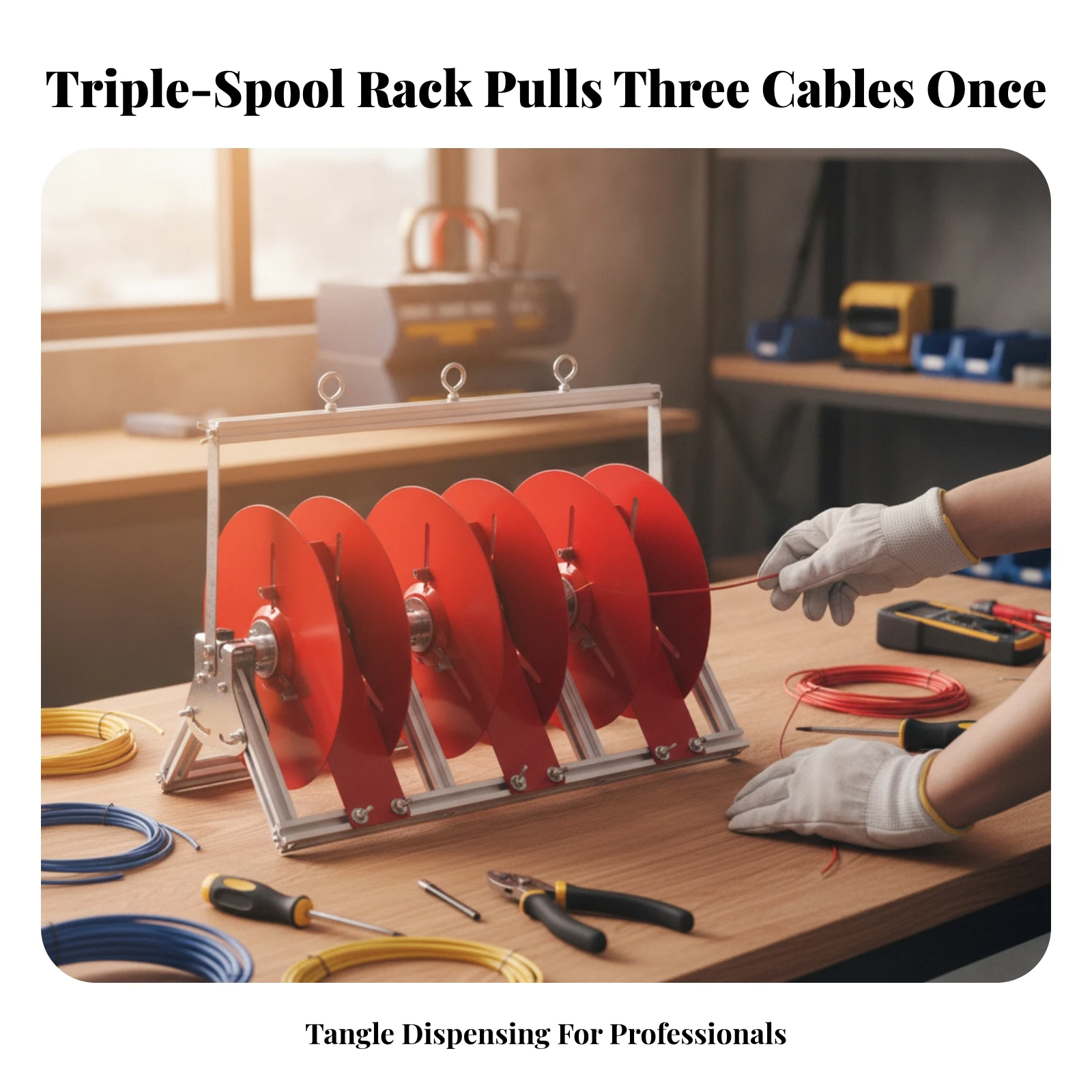 Cable Dispensing Rack Portable Triple Reel Wire Rack Freestanding Heavy-Duty for Electricians, Job Sites, Workshops