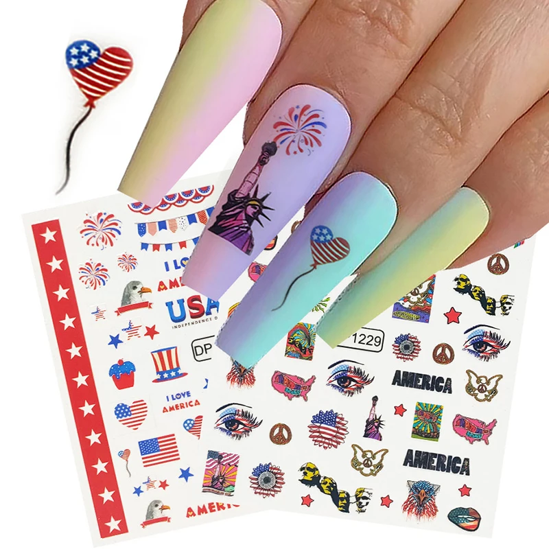 Fake Nails Stickers American Flag Independence Day Statue Nail Art Decoration Nail Stickers Patriotic Nail Art Decals