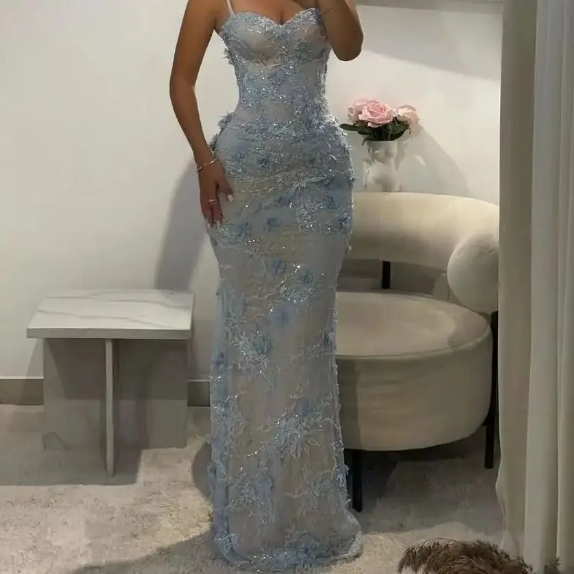 

Customized Elegant Light Blue Lace Appliques Sequin Mermaid Prom Dress Spaghetti Straps Sweetheart Formal Evening Gown for Women