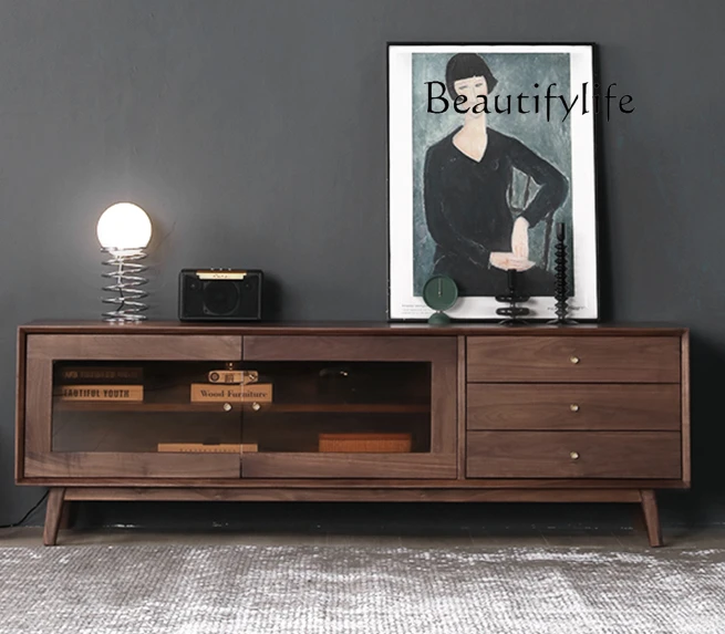 

Nordic Solid Wood TV Cabinet Modern Minimalist Retro Audiovisual Cabinet Black Walnut Living Room Furniture