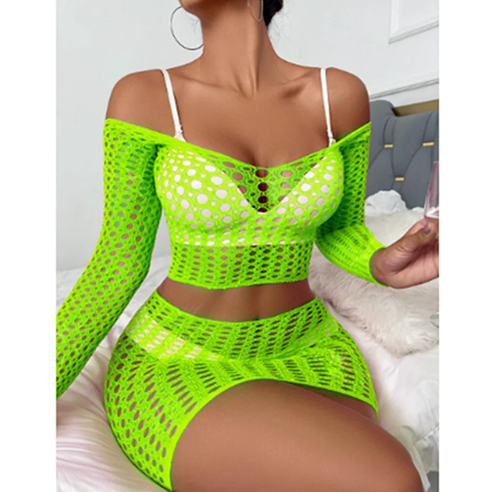 2023 New Women\'s Fishing Net Tight Lingerie Costumes Sexy Mesh Transparent Bodycon Dress Erotic Elasticity Mini Dresses Clothes