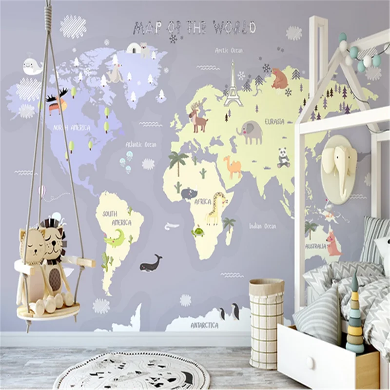 

Custom Carton Animal World Map Wallpaper 3D Wall Mural Decals Wall Paper Rolls for Living Room Kids Bedroom Wallpapers Murals