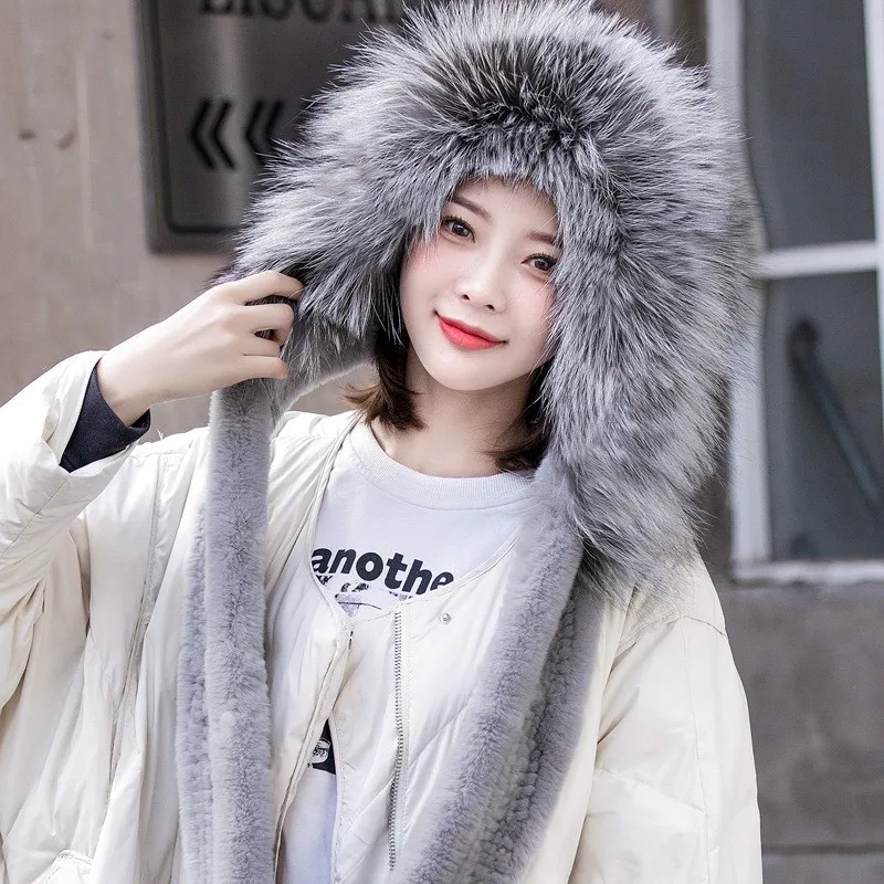 Fur fashion hat double-sided scarf all-in-one snow cap women's warm hooded