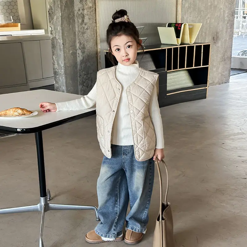 

2025 New Kids' Korean Style Fleece Lined Cotton Vest Autumn Winter Stylish Cape for Boy Girl Thickened Thermal Layer Casual Wear
