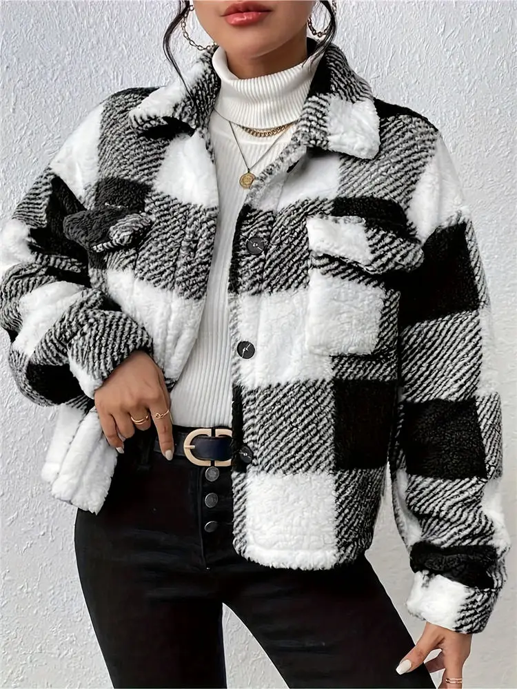 

Women Winter Sherpa Fleece Crop Sweater Vintage Plaid Fuzzy Tops Lapel Fluffy Cardigan Lady Warm Streetwear