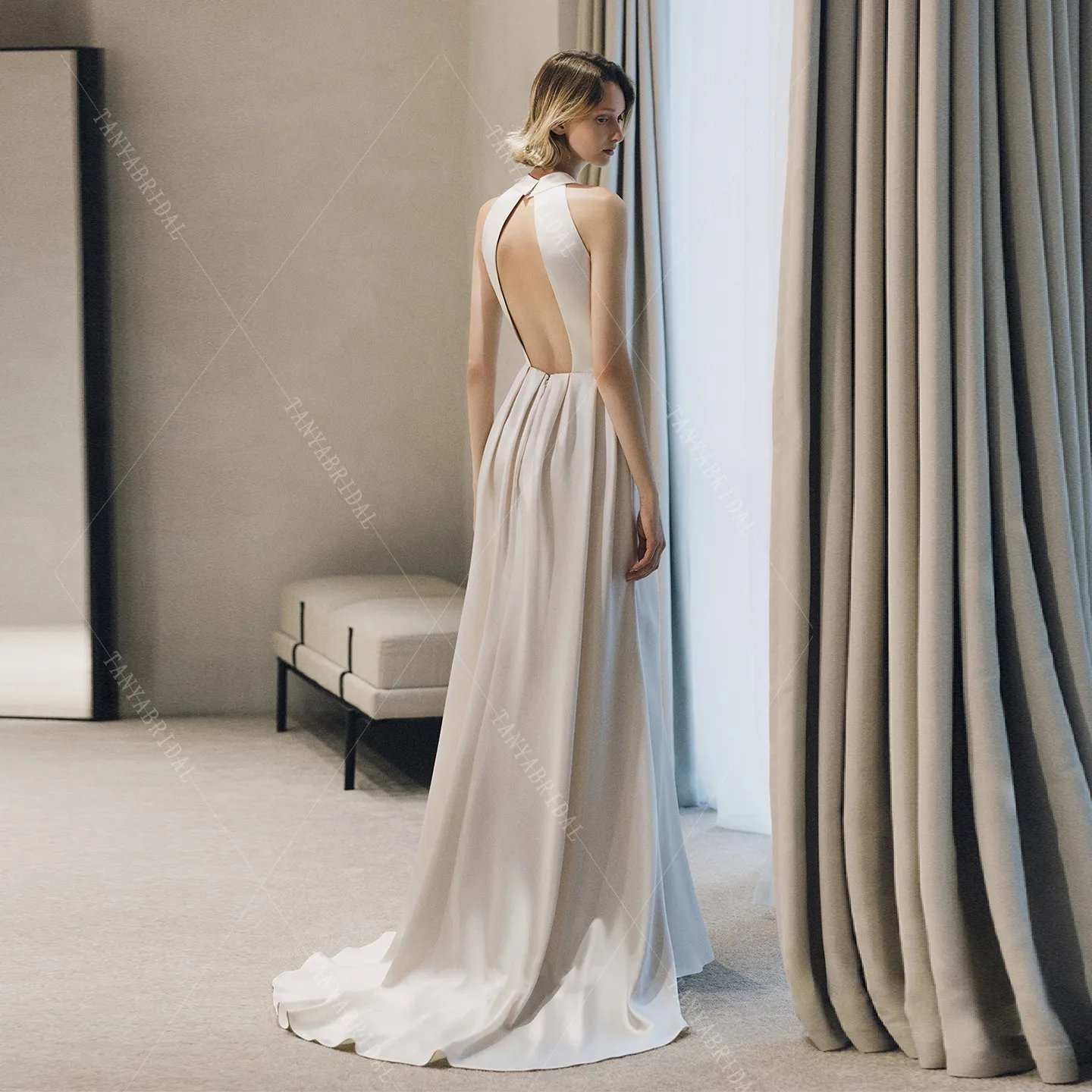 لينة الساتان س العنق فستان زفاف بلا أكمام عارية الذراعين فستان زفاف مثير عالية الجانب سبليت ألف خط فستان حفلات الزفاف TSWD861