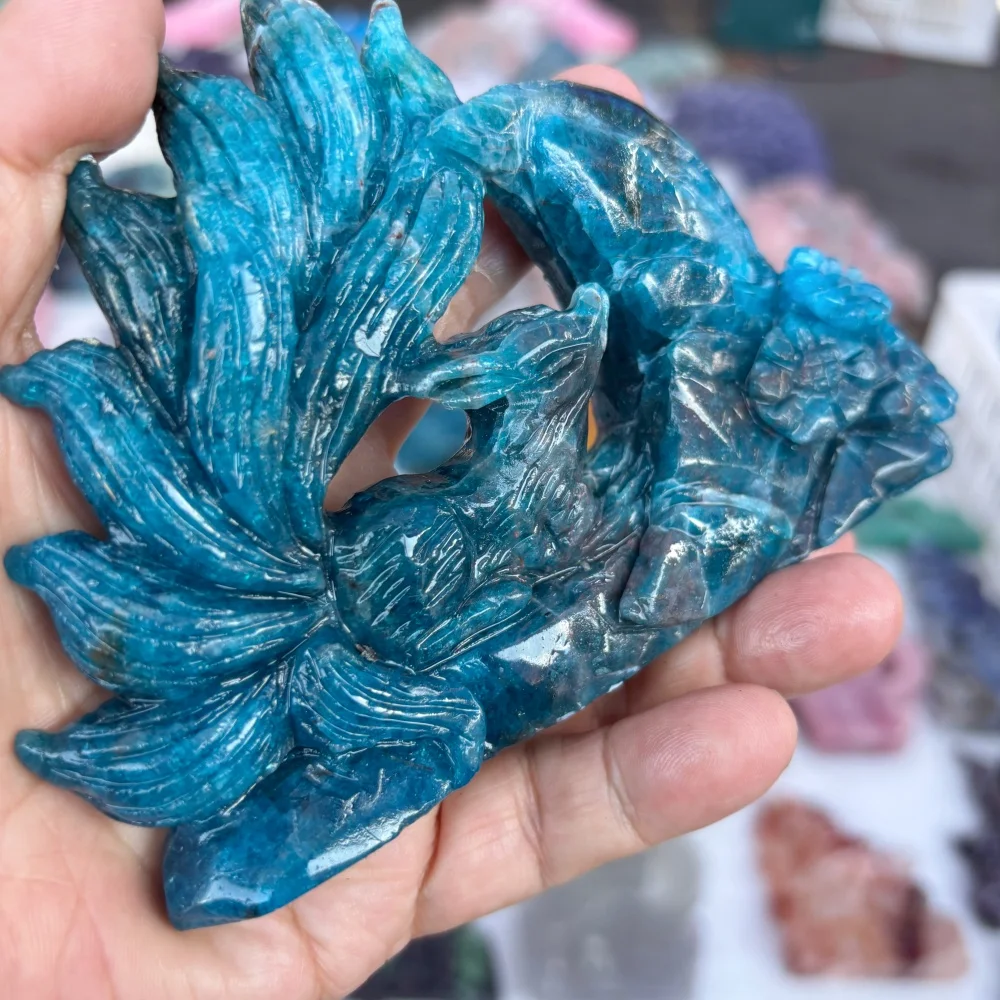 Natural Blue Apatite Moon Nine‑Tailed Fox Carving Crystal Fox Statue Mythical Beast Altar Home Decor Spiritual Collectible Gift