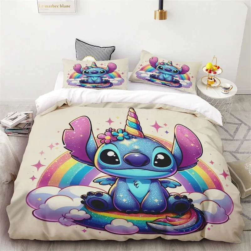 Stitch Anime ชุดเครื่องนอนผ้านวมปลอกหมอนสําหรับเด็กและผู้ใหญ่ 2/3 ชิ้นชุดพิมพ์การ์ตูนดิสนีย์