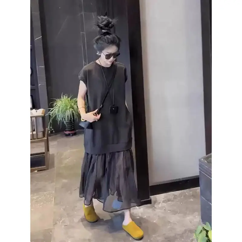 Robe d'été légère en maille épissée, T-shirt sans manches en Faux deux pièces, à la mode et Unique