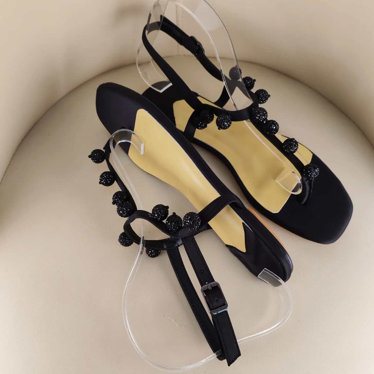 Rhinestone Beaded T Strap Sandals Daily Sexy Flip Flop Summer Dressing Fashion Square Toe Flat Slippers Open Toe Women Shoes
