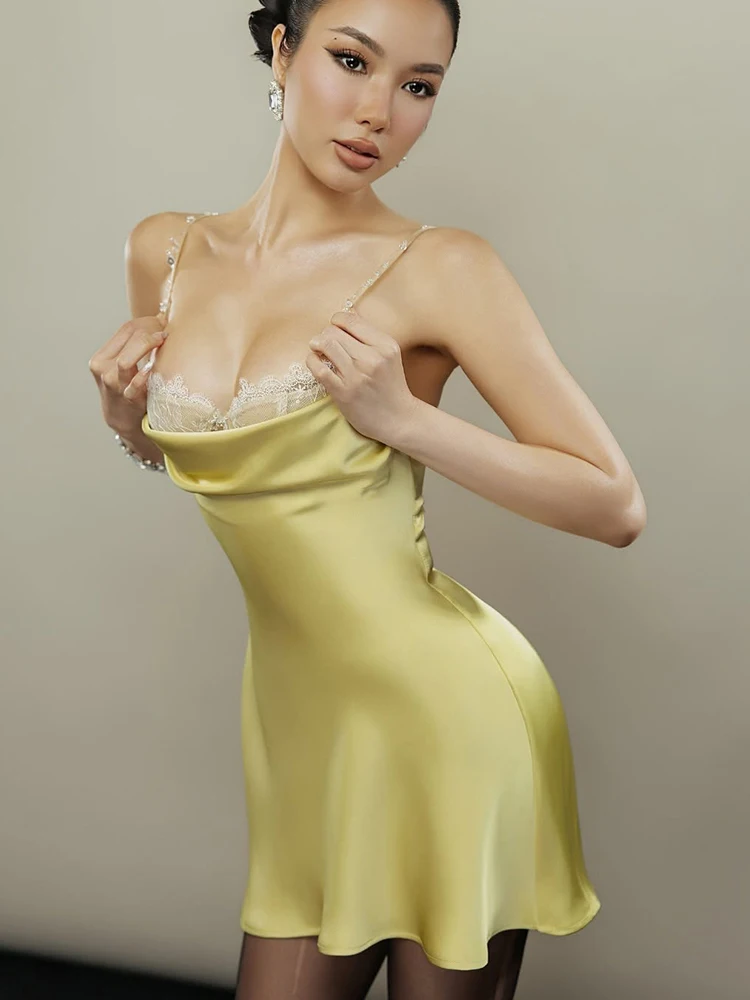 Weird Puss Strass-Dekoration Sling-Kleid Damen Spitze Patchwork Tiefer Ausschnitt Rückenfrei Geburtstagsparty Eleganter Stil Mini Bodycon – Detail 3