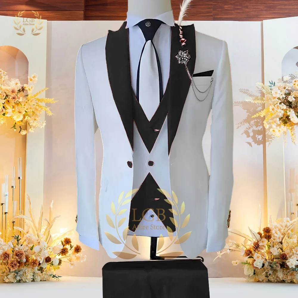 Men's color-blocked 3-piece suit set suitable for weddings/banquets, including a slim-fit jacket, vest, and trousers.