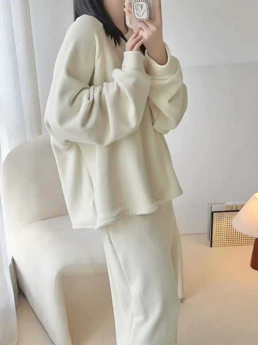 Conjunto de ropa de ocio para mujer, sudadera de manga larga con cuello redondo, Tops y pantalones cálidos, 2 piezas, Color albaricoque, Otoño e Invierno