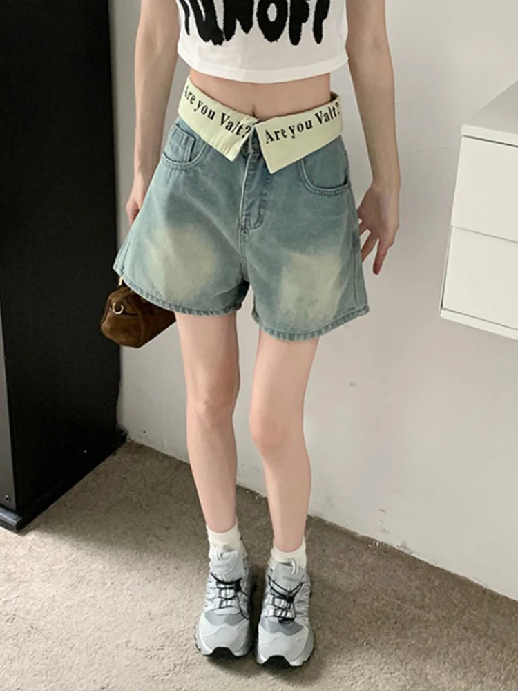 Pantaloncini di jeans lavati blu larghi casual da donna Pantaloncini vintage Harajuku Y2K con stampa di lettere a vita alta Jeans larghi stile street