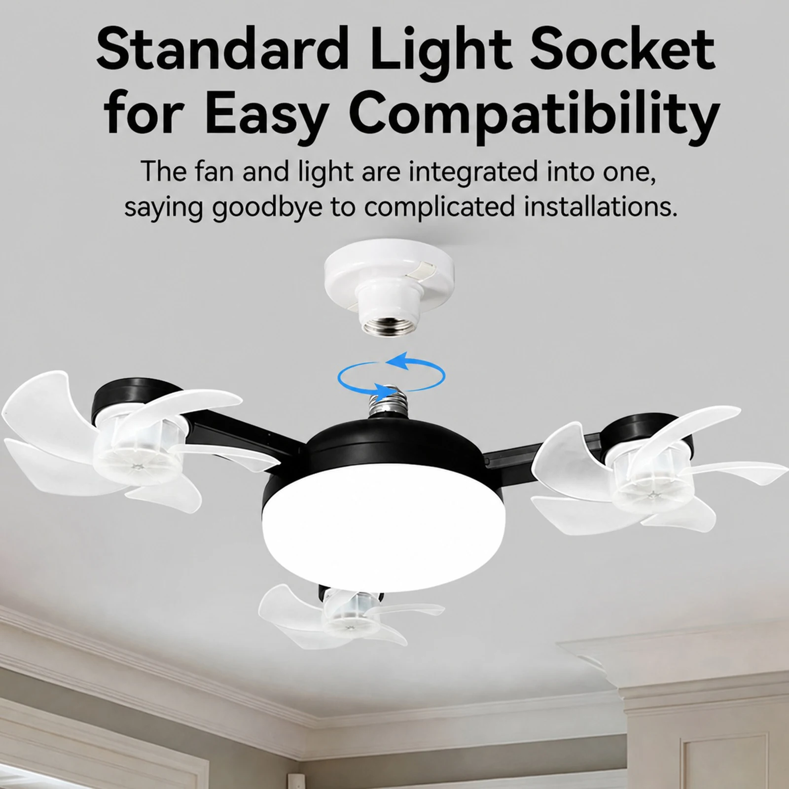 E27 Dimmable LED Screw In Ceiling Fan Lamp with RC & Extension Rod 2 In 1 Hanging Fans 3-Speed for Bedroom Kitchen Working Space