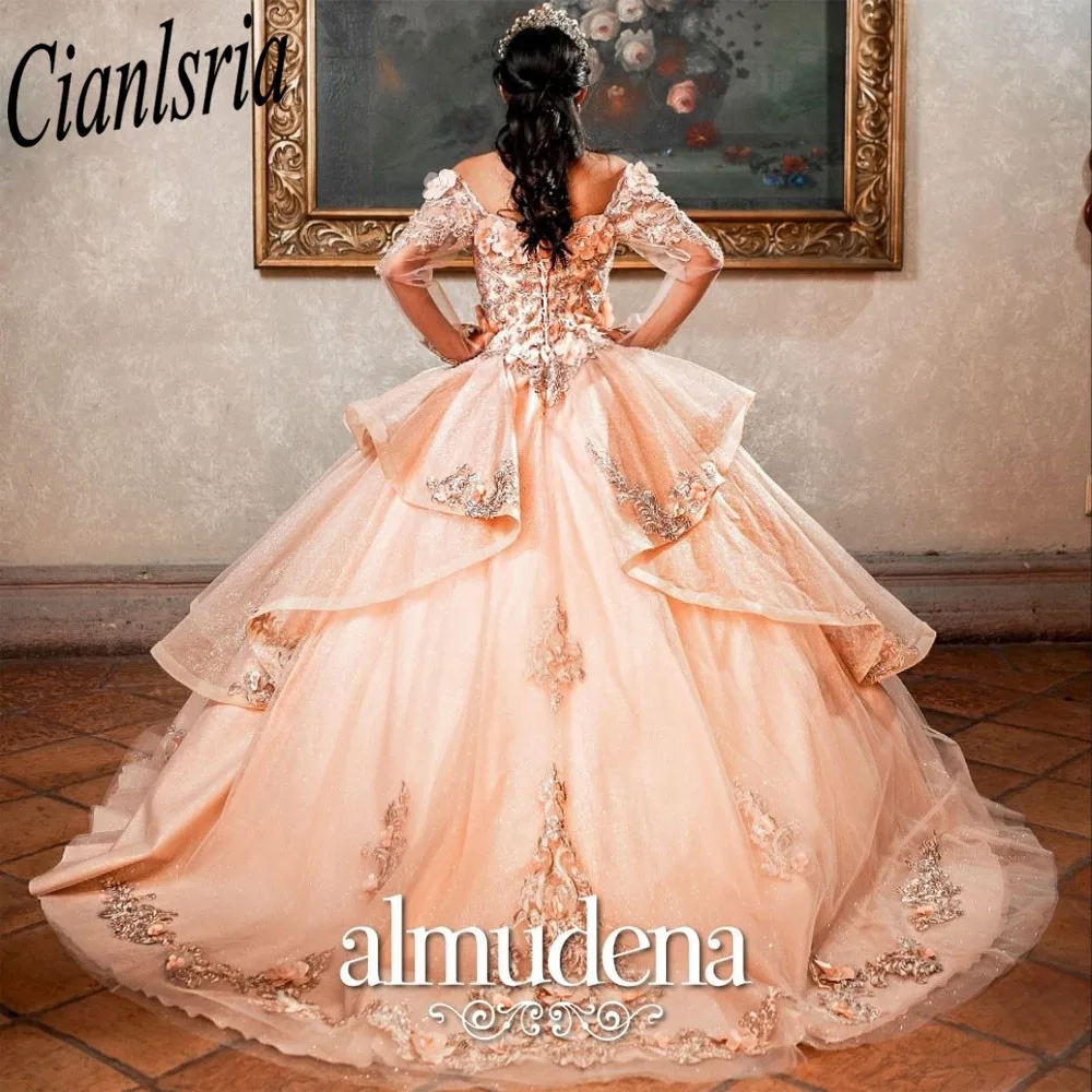 Vestidos de Quinceañera de princesa champán para niña, vestido de baile dulce 16, apliques de cuentas, vestido de fiesta de cumpleaños 15 °, 2023