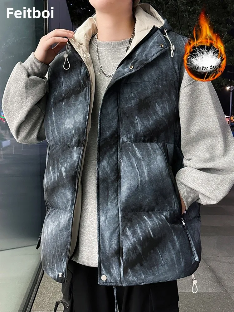 

Men's down Vest Winter Thiened Warm Casual Tie Dye Oversize Jaet Faion Urban Sle Daily Wear Polyester Fiber