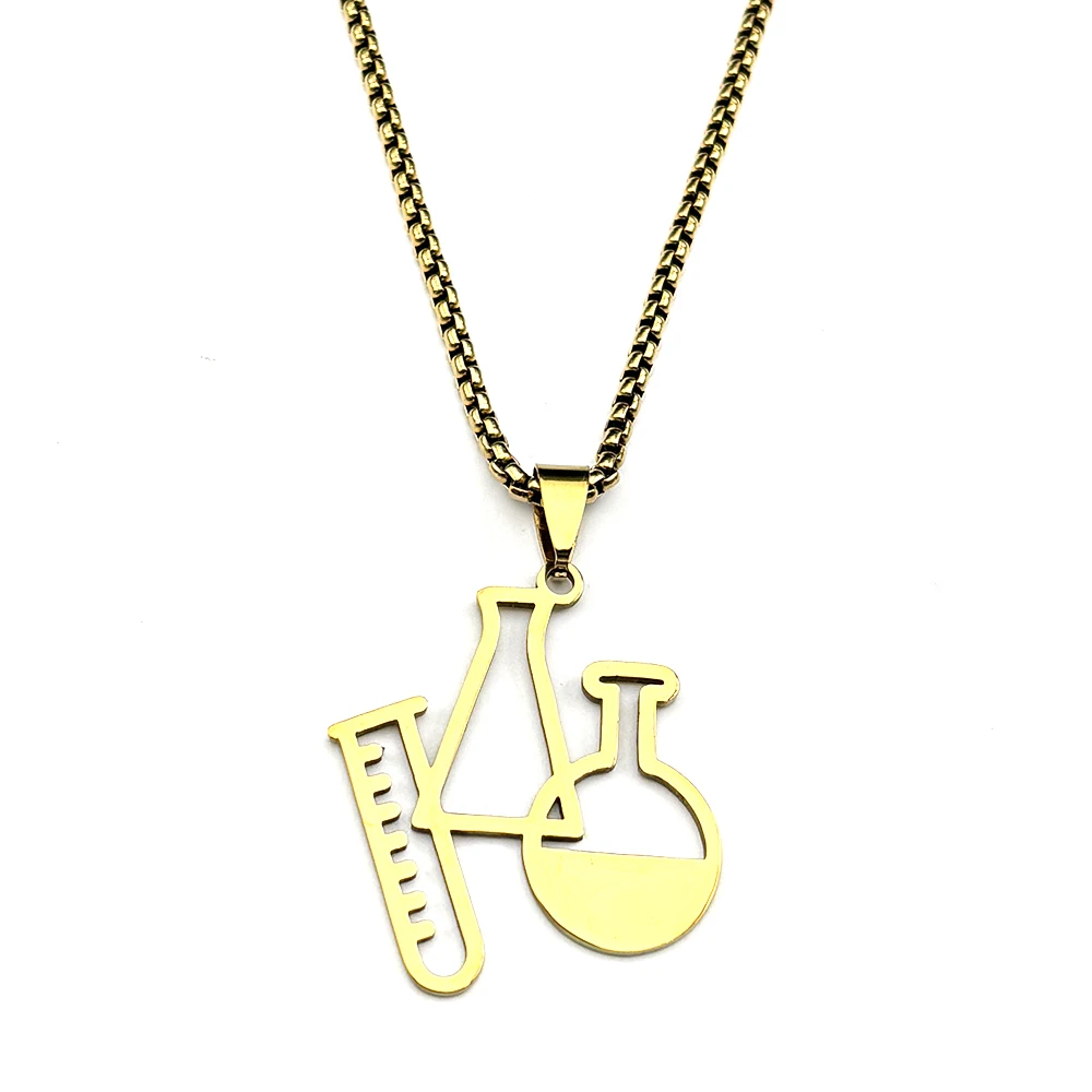 Chemical Lab Ware Necklace For Men Women Stainless Steel Gold Color Minimalist Scientific Test Tube Flask Chain Jewelry Gifts