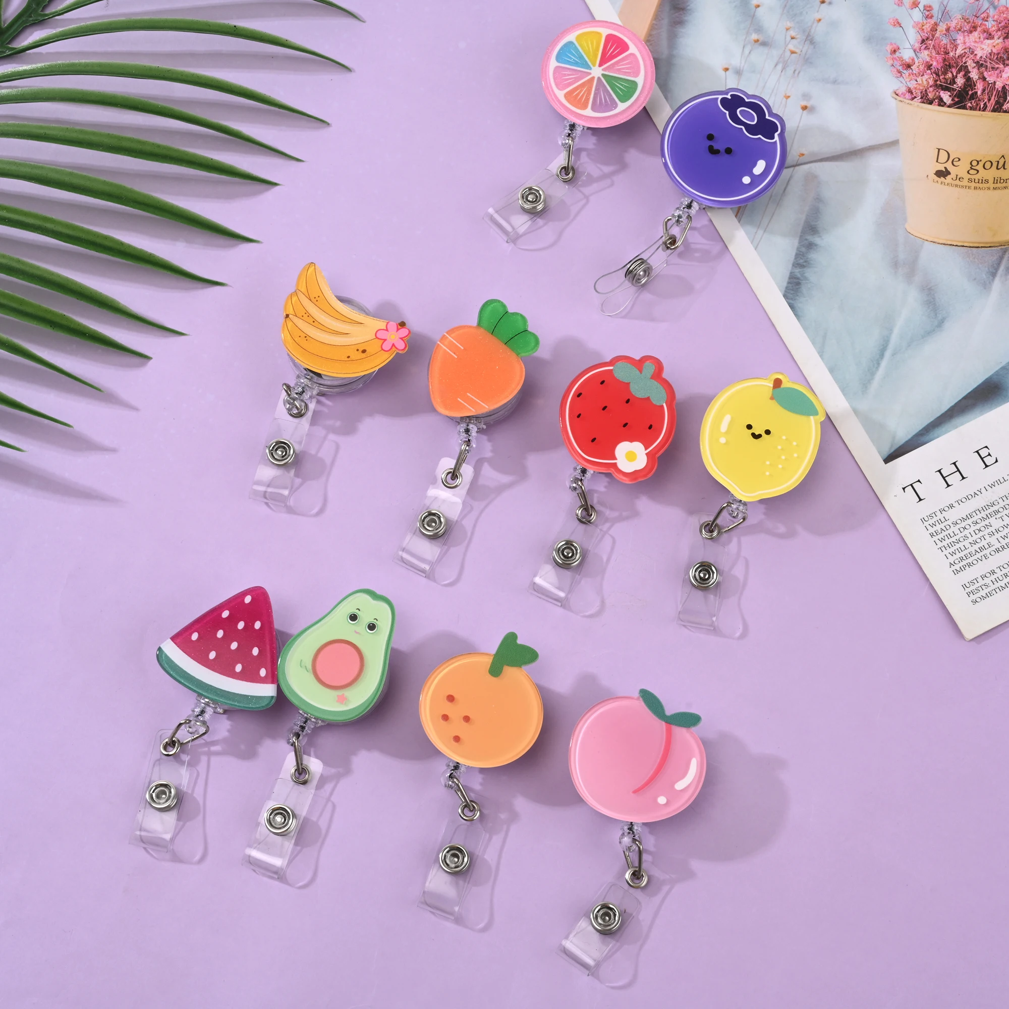 Cute Cartoon Fruit Badge Clip Acrylic Work Permit Student ID Clip Card Holder Telescopic Retractable Rotation Buckle Fashion