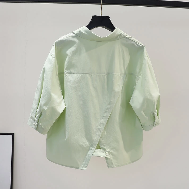 

OL Back Split White Shirts Casual Chic Korean For Women's Clothes Shirts Blouses Short Sleeve Tops Preppy Style Basic Top Solid