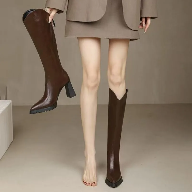 Элегантные женские высокие сапоги на каблуке, кожаные коричневые женские туфли до колена с острым носком, водонепроницаемые Y2k Chic New Rock Work