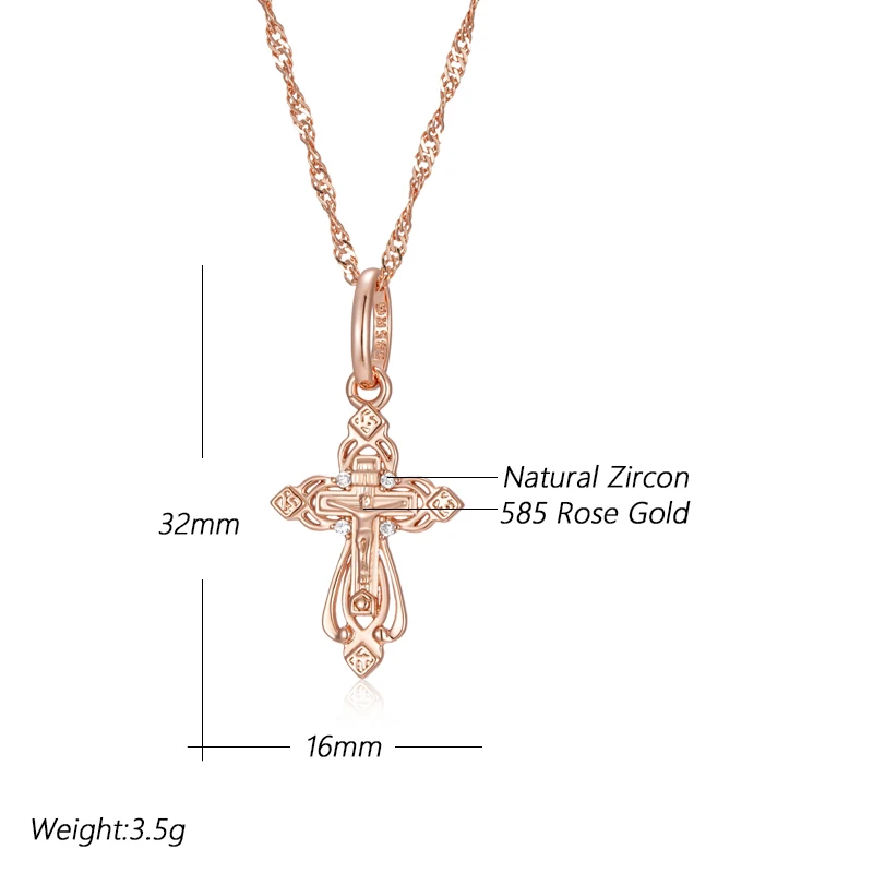 Kinel Luxury 585 Rose Gold Color Natural Zircon Cross Pendant Necklace For Women Orthodox Church Jesus Charm Daily Fine Jewelry