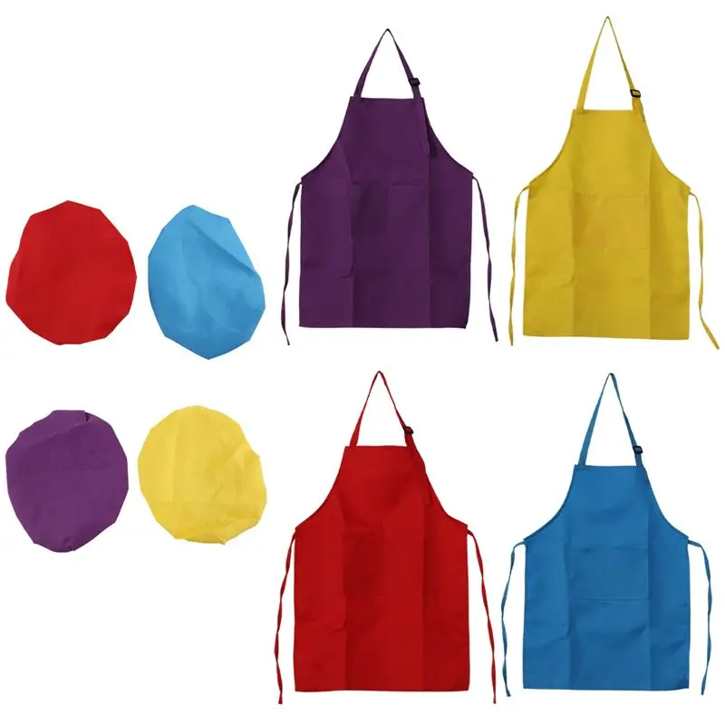 Excellent-8-Piece Children's Apron And Chef Hat Set, Adjustable, With 2-Pocket Kitchen Apron Apron
