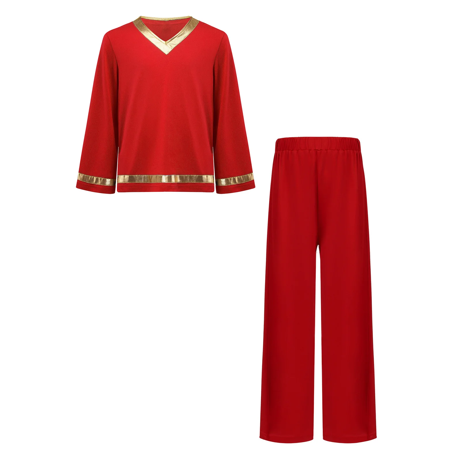 キッズボーイズ典礼用賛美ダンス衣装メタリックトリム長袖プルオーバートップとパンツ付き大聖堂ミサ典礼用ダンス衣装