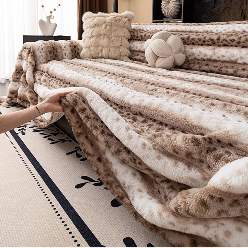Faux Rabbit Fur Leopard Print Sofa Towel Thick Soft Anti Slip Sofa Cover for Living Room Autumn and Winter Plush Couch Cushion