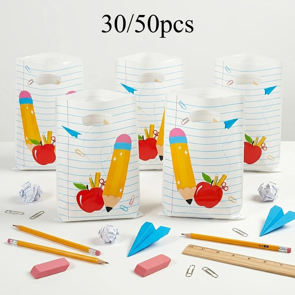 Gift for Her/Him30/50pcs,Back to School Party Favor Bags,Pencil&Apple Lined Paper Design Plastic Gift Bags with Handles(25x18cm)