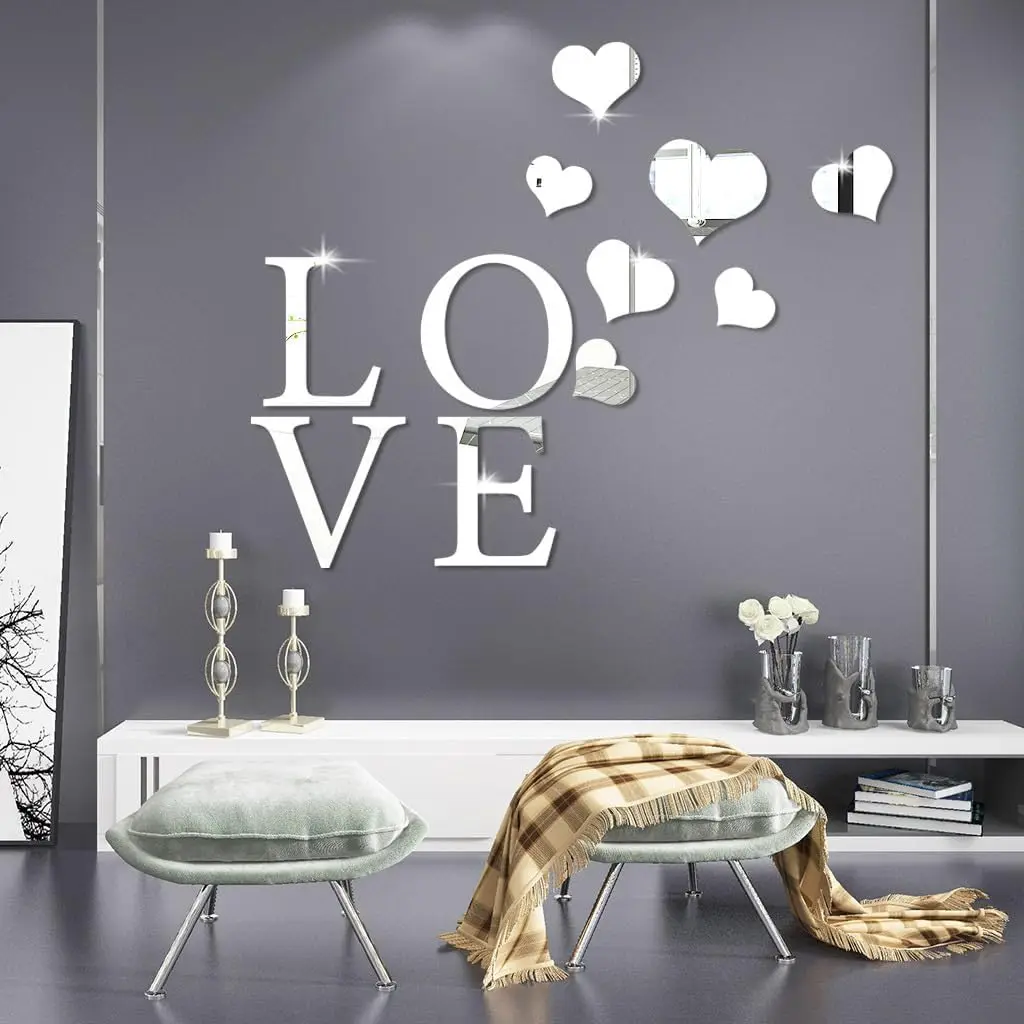 10pcs/set Love Live Laugh Wall Stickers Decals Silver Heart Mirror Wall Decor For Bedroom Living Room Diy Decoration