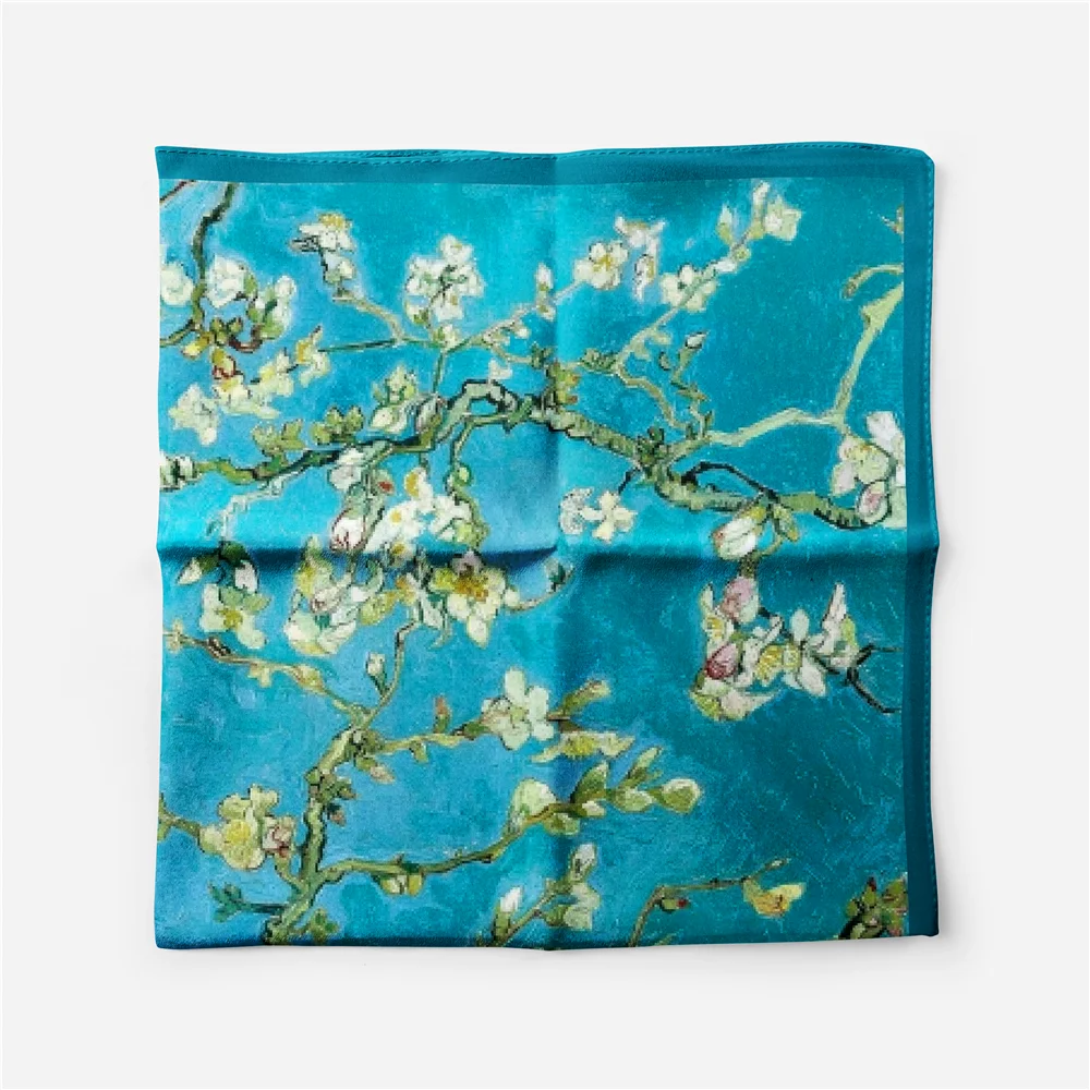 53cm French Summer New Van Gogh Oil Painting Apricot Flower Ladies Temperament Small Square Scarf Decoration Twill Kerchief