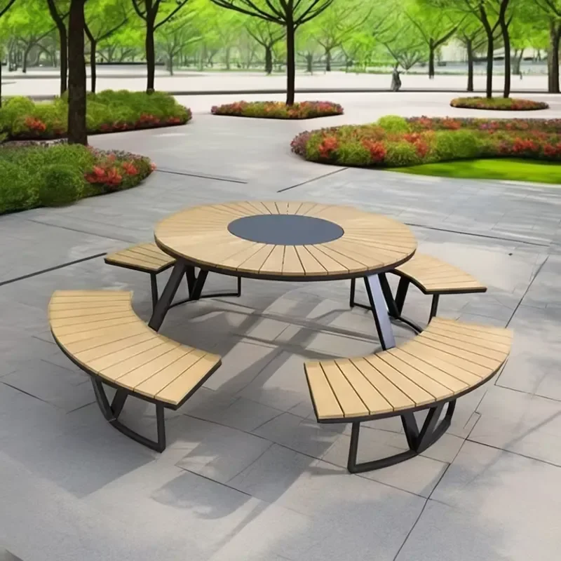 One-Piece Minimal Design Outdoor Park Garden Round Wooden Beer Table PicnicTable Dining Set