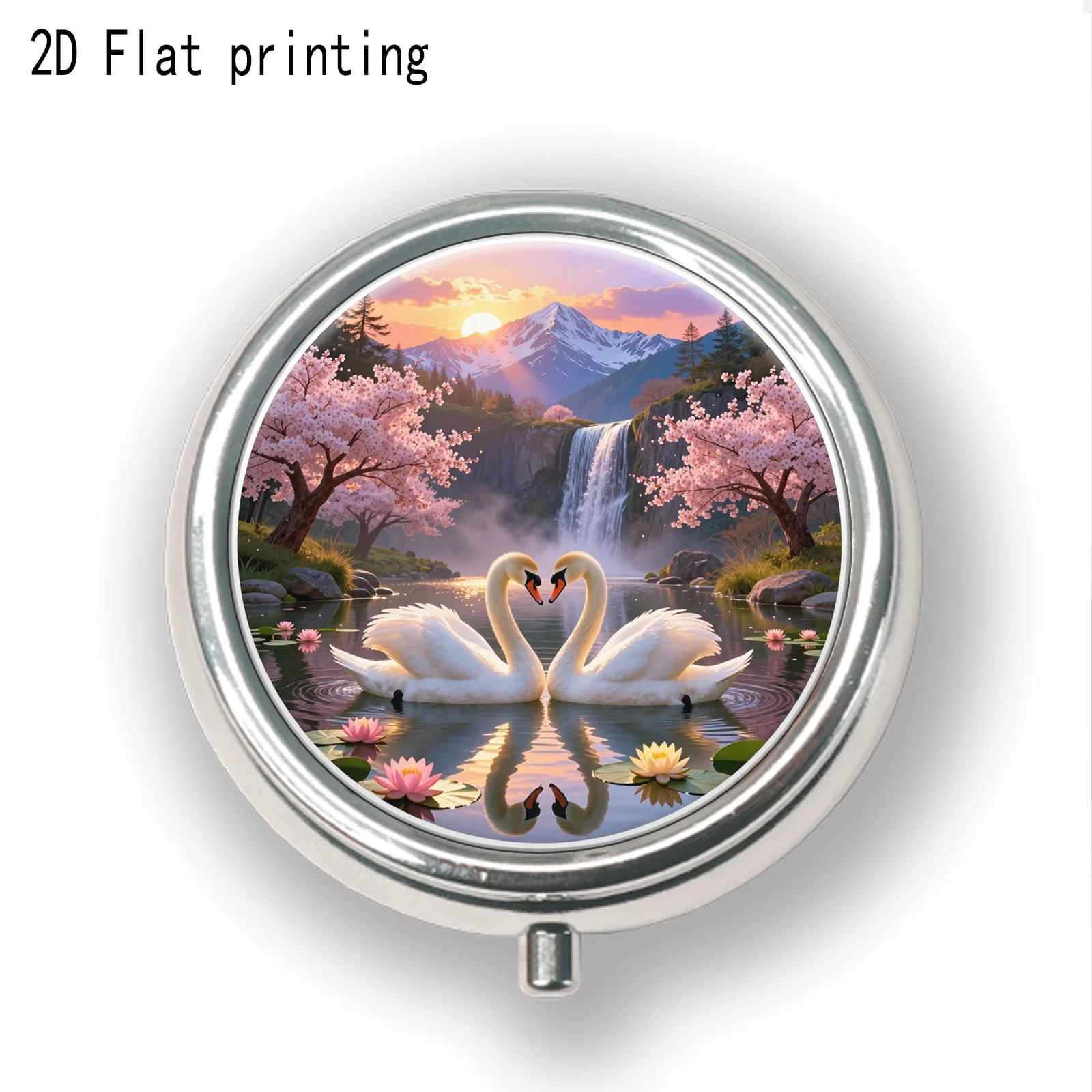Single-piece, flat-printed, with a decorative pattern of swans and waterfalls in a painting style, portable three-compartment pill box, convenient storage, compact accessory box, personal safety storage box, suitable for storing personal medicines in all seasons, flat design