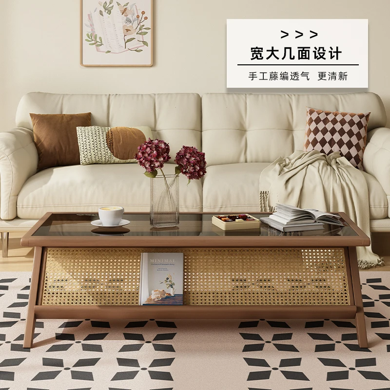 French retro coffee table solid wood rattan living room household dining table dual-purpose glass rectangular simple modern smal