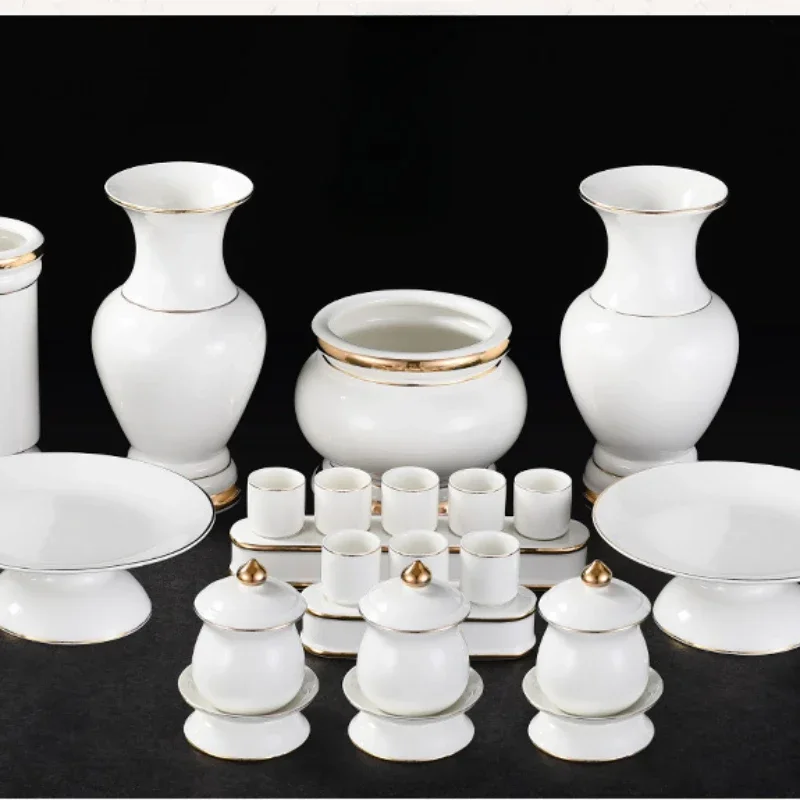 Ceramic golden incense burner, Buddhist temple, holy water cup, fruit plate, vase, offering Buddhist supplies feng shui