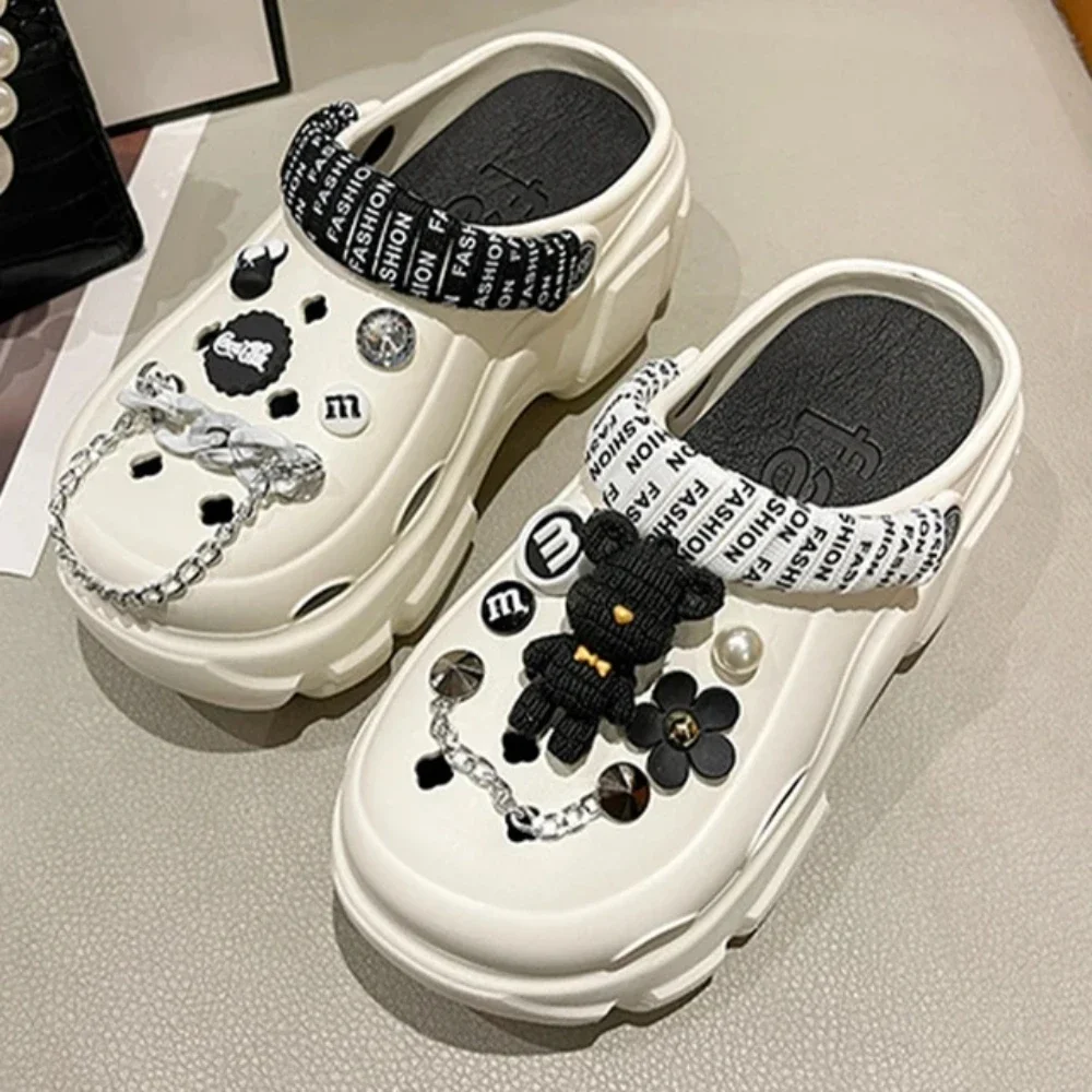 Bling Pearls Diamond Cute Bear Decor Vented Clogs Slides 7CM Platfrom Outdoor Beach Sandals Summer Girls Slippers Women Shoes