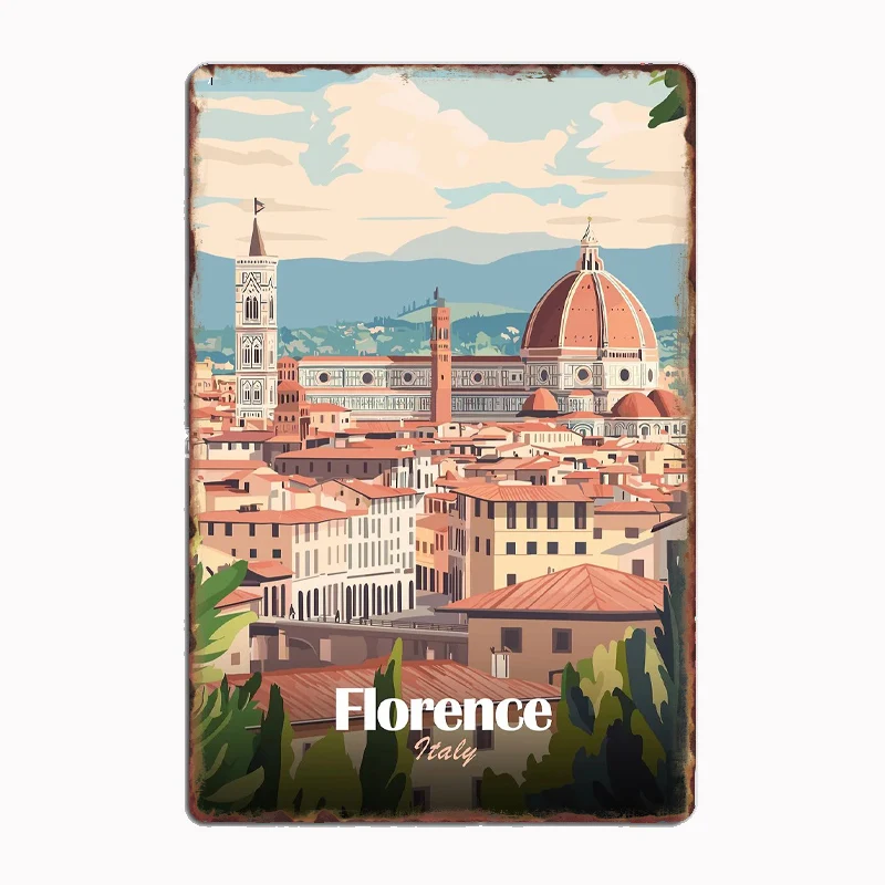 

Florence, Italy Cityscape Travel Poster Metal Sign Wall Decor Club Garage Kitchen Room Decor Custom Tin Vintage Home Decor