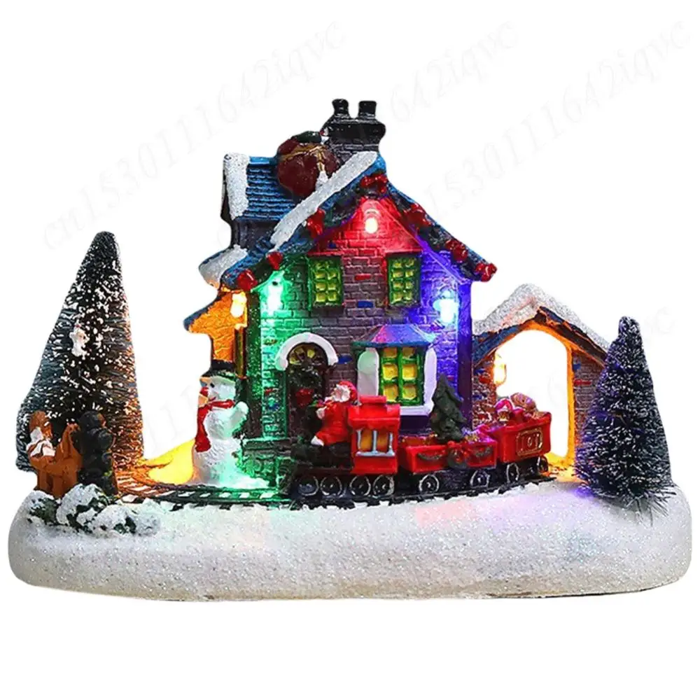 Christmas Resin House Ornaments LED Lighted Christmas Small Train Village Snow House Christmas Desktop Decoration Christmas Gift