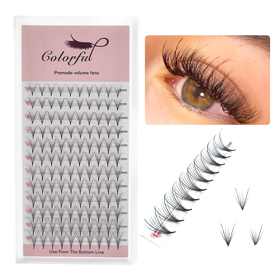 Pre fanned Wispy Eyelash Extension บาง Pointy ฐาน 7D รัสเซีย V รูปร่างขนตา Hybrid พัดลม Faux Mink Wispy Lash