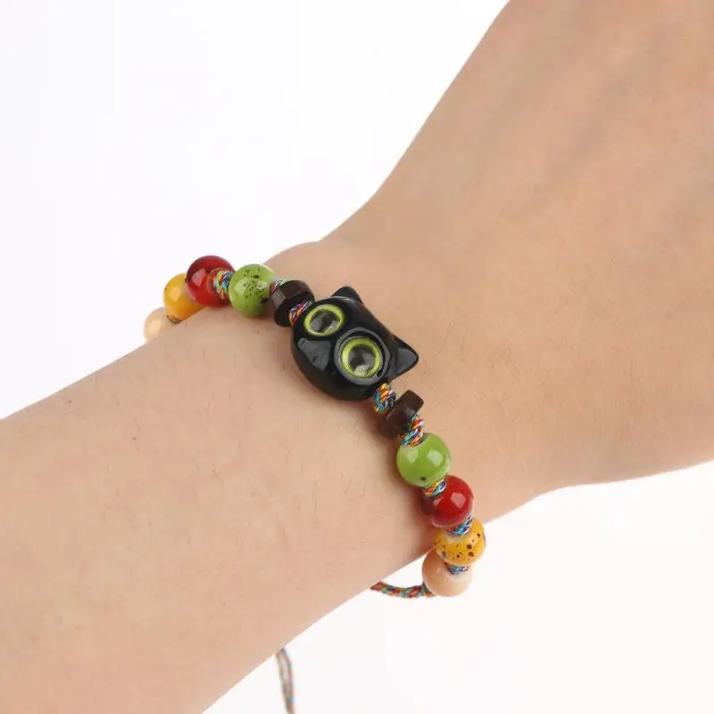Black Cat Beaded Bracelet Adjustable Braided Cord Fashion Handcrafted 1Pcs for Office Daily Wear Graduation Gift