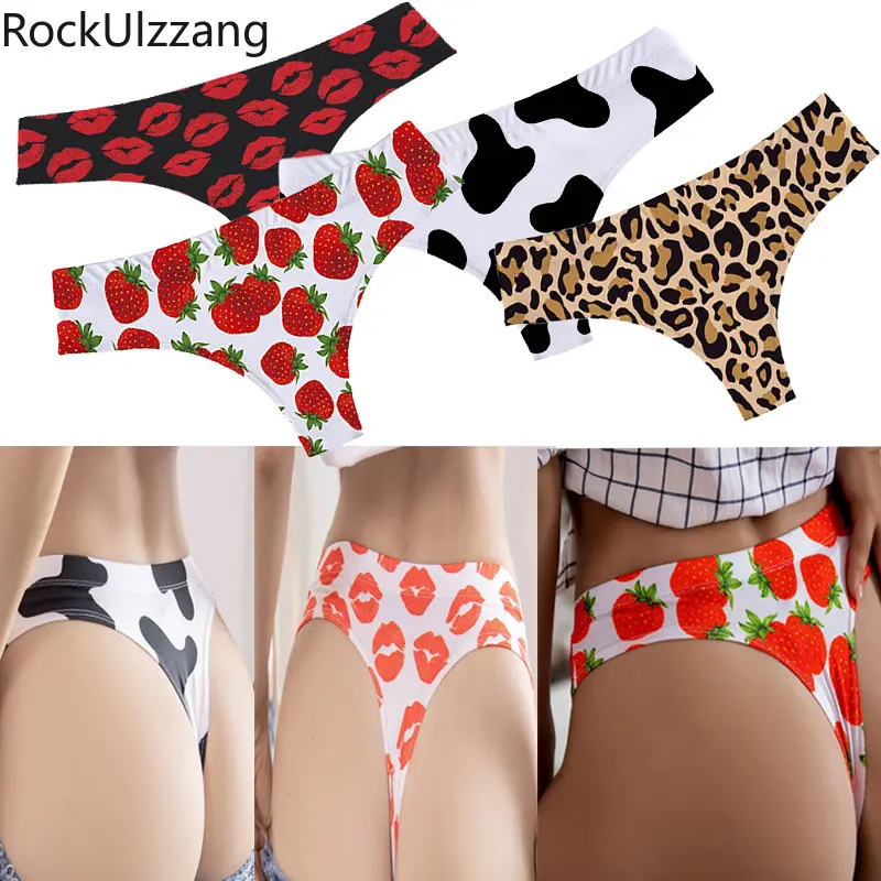 

Cow Leopard Strawberry Printed G String Thong Panty Low Waist Sexy Brief Skinny Tight Stretch Lingerie Women Underwear Panties