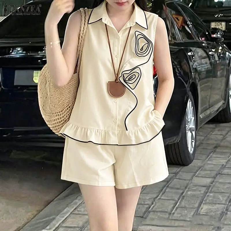 Women 2-Piece Matching Short Sets Fabric Flower Sleeveless Shirts & Elastic Waist Shorts Sets ZANZEA Summer Daily Casual Co-ords