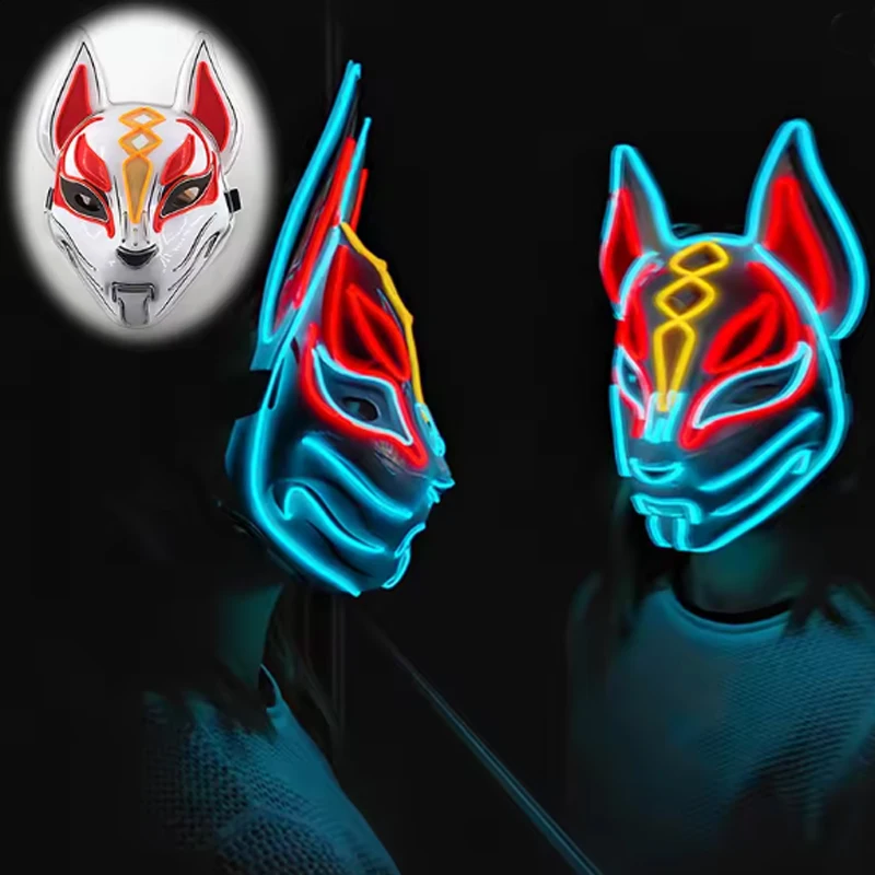 Masque facial lumineux d'halloween, masque de renard d'anime japonais, masque lumineux à thème de jeu pour hommes et femmes, accessoires de Cosplay