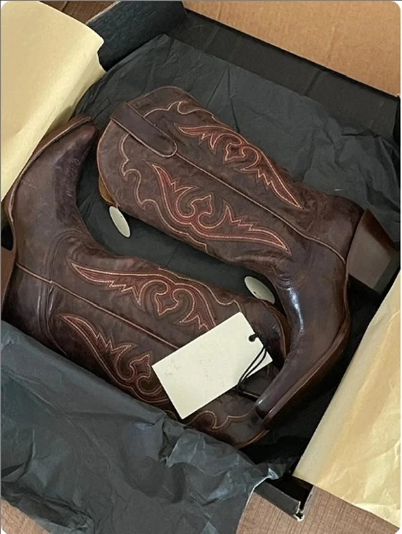 Real Leather Western Cowboy Boots For Women Embroidered Pointed Toe Brown Long Tube Boots Thick Heels Riding Boots Woman Shoes