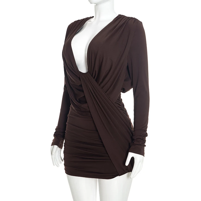 Modisches, einfarbiges, lässiges, tief ausgeschnittenes, langärmeliges, plissiertes, schmales Minikleid – Detail 13